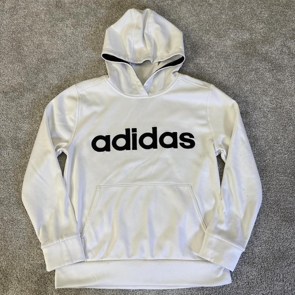 Adidas White Hoodie Black Logo Youth Medium 10–12 Pullover Sweatshirt
